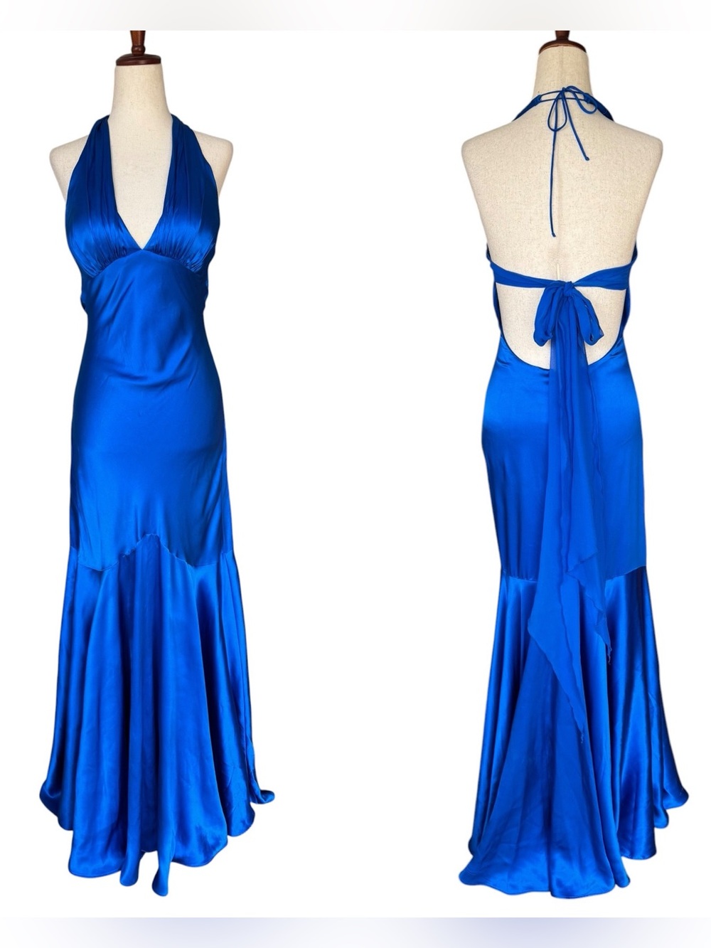 Vintage y2k Cache Blue Silk Halter Backless Mermaid Evening Formal Gown Prom S